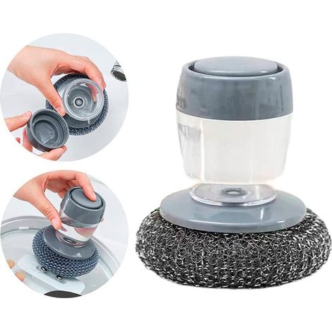 Spazzola per dispenser di sapone, spazzola per piatti, spazzola per strofinare con manico, spazzola in PET e in filo metallico con dispenser di sapone per cucina, bagno e bagno. (1/4)