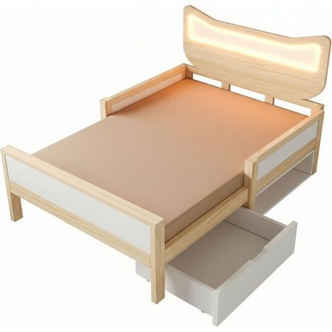 Lit avec tiroirs 90x200, rangement intégré lit une personne, tiroirs flexibles, LED RGB, tête lit oreilles chat, barrière sécurité (1/5)