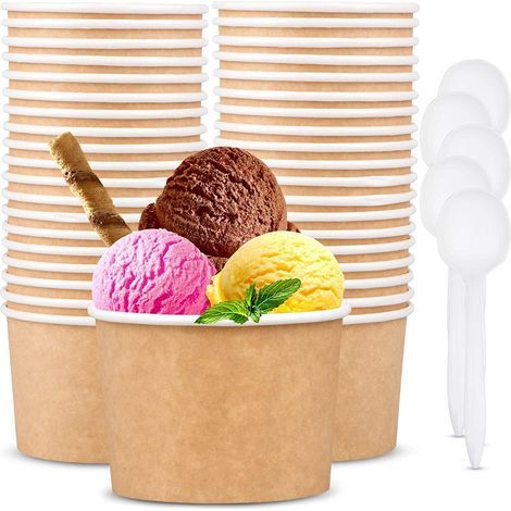 50 Pièces Bols à Glace en Papier avec 50 Pièces Cuillères, 12oz /360ml Bols de Service en Papier Jetables pour Aliments Chauds et Froids Soupe Sundae Yaourt Glacé Dessert (Brun) (1/5)