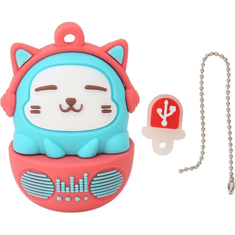 Clé USB 2.0 à motif chat, en PVC, résistante aux chocs, pour téléphone et ordinateur portable (bleu et rouge, 64 g). (1/5)