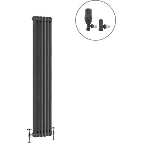 Traditional Radiator Anthracite Cast Iron Style Rads with Angled Thermostatic Valves Vertical 2 Column 1800x290mm (1/4)