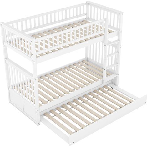 Lits superposés 90200cm pour enfants, lit triple avec lit gigogne, hautes barrières, escalier stable, blanc