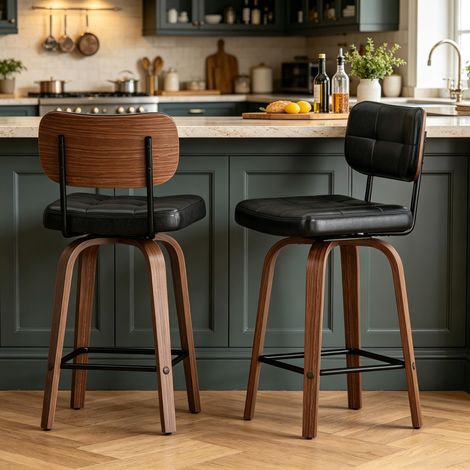 Tabouret de bar incurvé – tabouret pivotant en polyuréthane avec dossier incurvé en bois en forme de croissant et structure en métal, pivotant à 360°, lot de 2 (1/5)
