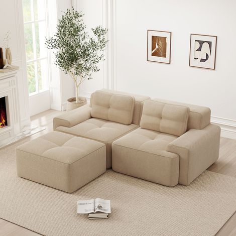 Ecksofa ohne Montage, modulares Cordsofa mit 2 Kissen und 1 Hocker, 2-Sitzer Schlafsofa für Wohnzimmer, Beige