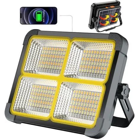 Projecteur LED rechargeable 100 W, projecteur de chantier rechargeable avec 336 LED/panneau solaire/4 modes d'éclairage/batterie externe 12 000 mAh/