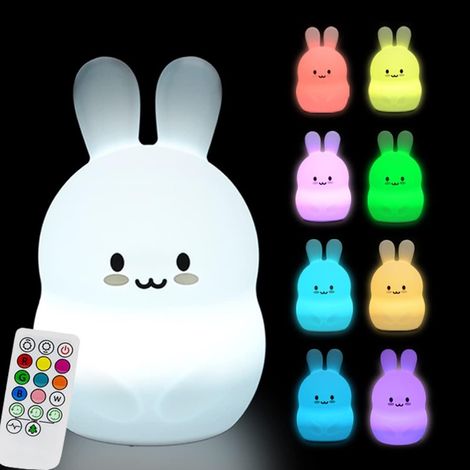 Kids Night Light Rabbit Lamp Soft Silicone Bedside Lamp 9 Colors Rechargeable Remote Control LED Night Light for Gift/Office/Bedroom/Living Room/Outdoor (1/5)