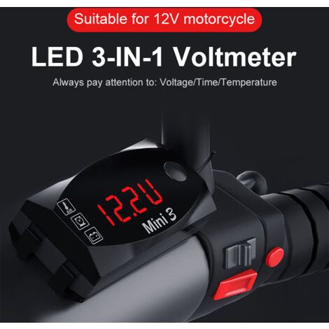 Compteur de moto 3 en 1, horloge numérique à LED, thermomètre, voltmètre, tension, moniteur de batterie étanche, jauge 6-30 V, pour voiture, bateau (1/5)