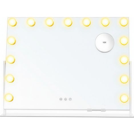 Miroir Cosmétique LED avec 15 Ampoules, Grossissant 10x, Port de Charge, pour Coiffeuse, Support Téléphone, Blanc (1/5)