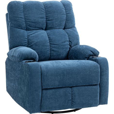Fauteuil relax inclinable avec fonction balancement et pivot, avec repose-pieds, ressorts ensachés et porte-gobelets, bleu foncé (1/5)