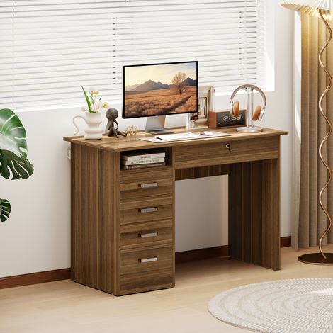 Bureau Informatique avec 5 Tiroirs, 110 x 50 cm, Bureau avec Rangement, Étagère Ouverte, Tiroir Verrouillable, Noyer (1/5)