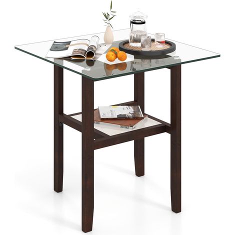 COSTWAY Tavolino Quadrato in Vetro, Tavolino Laterale con 2 Ripiani e Struttura in Legno di Gomma, Tavolo Moderno per Soggiorno, Casa e Ufficio, 61 x 61 x 62,5 cm (1/5)
