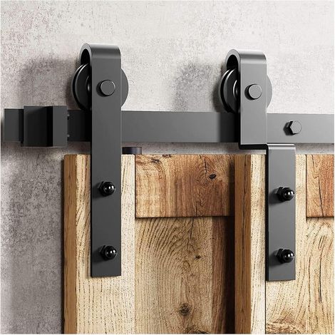 Kit de quincaillerie pour porte de grange Kit de quincaillerie for porte de grange coulissante, rail simple rustique for portes doubles avec rouleaux de conception classique, 6/6,6 pieds Facile à inst (1/5)