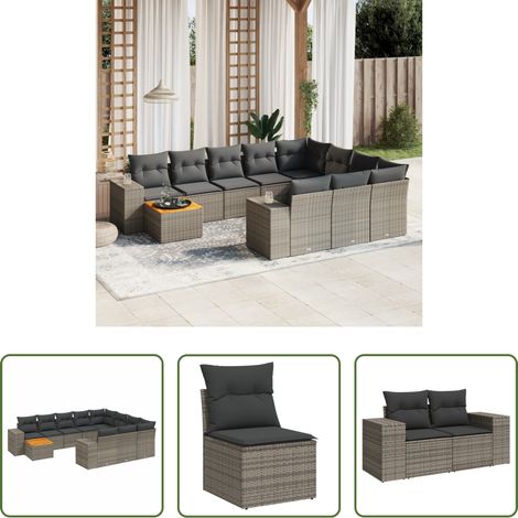vidaXL Rattanmöbel - 11-tlg. Garten-Sofagarnitur mit Kissen Grau Poly Rattan (1/5)