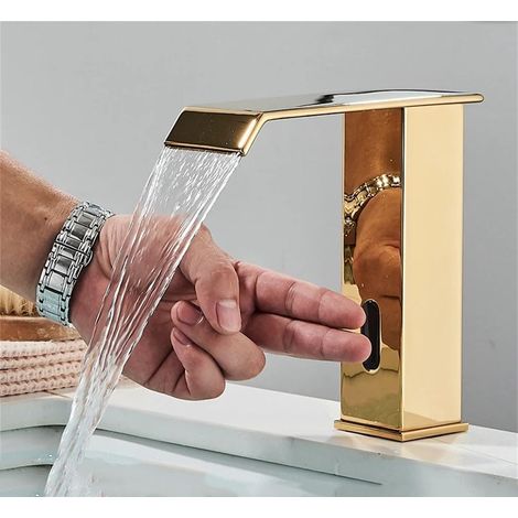 Automatischer Waschtischarmatur mit Sensor, schwarz, Mischbatterie aus Messing für Warm- und Kaltwasser, mit Wasserfall-Kranbrücke (1/5)