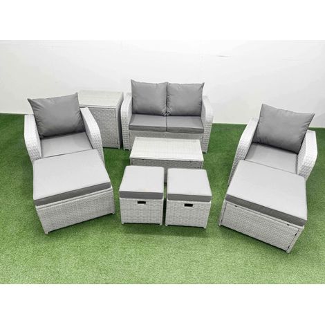 Fimous 9 PCs Rectangular Coffee Table Set Reclining Chair Inclining Sofa Seat Side Table 2 Big Footstool Light Grey (1/4)