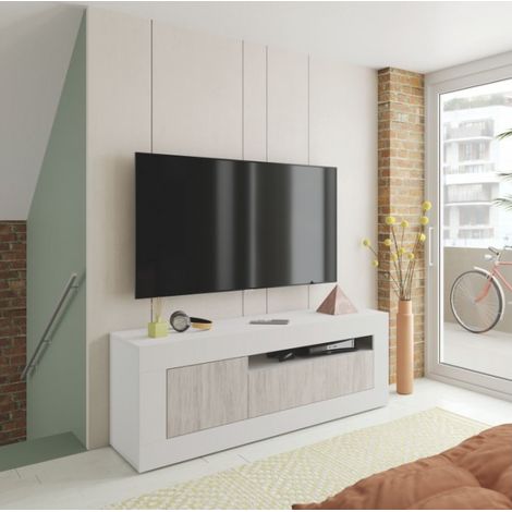 Meuble TV 139x42x53 cm blanc mat et blanc antique avec 2 portes et 1 étagère – Milan (1/7)