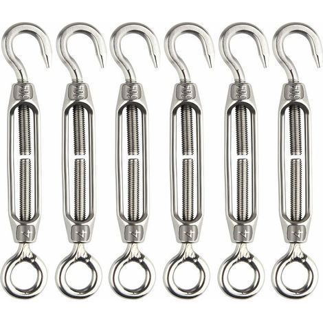 Set di 6 tenditori regolabili in acciaio inossidabile M4 con gancio e occhiello, resistenti e di alta qualità. (1/4)