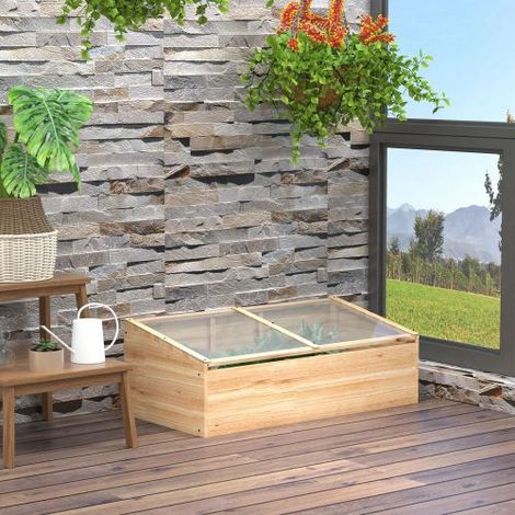 Mini serre de jardin en bois avec plaque polycarbonate, toit incliné, aération, 100 x 50 x 35 cm, naturel