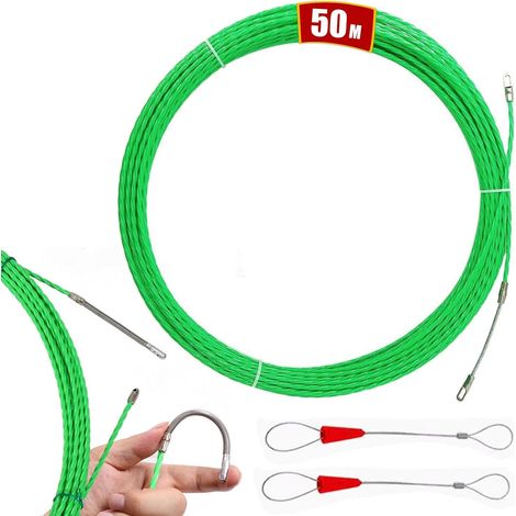 Aiguille Electricien, 50m 4,5mm Tire Fils Electrique Tire Cable Electrique Tire Fils Electricien Aiguille Baguette Tire Fil Electricien avec 2 Ressorts de Guidage, Vert (1/5)