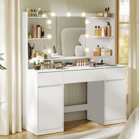 VASAGLE Coiffeuse avec Miroir LED, Multiprise, 2 Placards, 9 Ampoules, Éclairage 3 Couleurs, Blanc