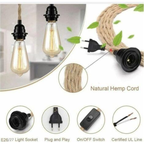 Kit de lampe à suspension en corde de chanvre Vintage avec prise interrupteur DIY Tête unique suspendue Câble de lumière Corde E27 Prise Textile Cordon Décor Éclairage pour Chambre Salon Cuisine (D) (1/4)