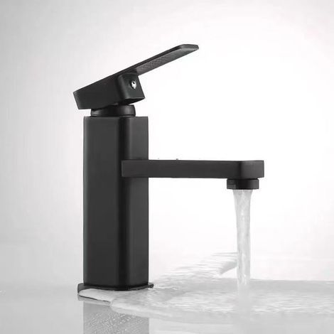 Grifo de lavabo doméstico, grifo de baño, grifo de fregadero, cuadrado monomando negro (maneta metálica) (1/5)