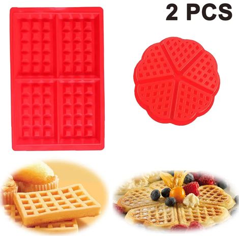 Moule à gaufres en silicone, 2 pièces, rectangulaire et rond, rouge, antiadhésif, pour la cuisine (1/5)