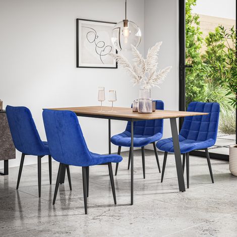 Haydon Extending Dining Table + Chairs- Oak Effect Table Top w Black Legs + Nova Velvet Dining Chair Set Of 4 (Blue) (1/5)