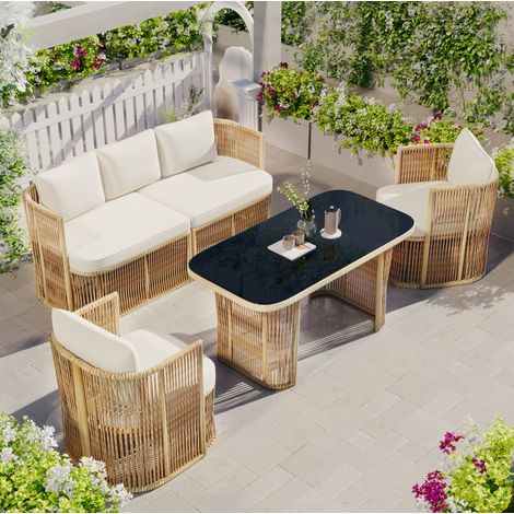 Sofá jardín lounge con mesa ratán y cojines OKMYHOME (1/5)