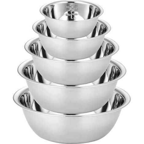 Lot de 5 cul de poule inox, saladiers en acier inoxydable, en 5 tailles, bol inox mélangeurs en acier inoxydable cuisine empilables de service 0,6 l, 0,9 l, 1,6 l, 2 l/2,6 l (1/4)