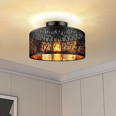 Plafonnier noir et or Ø 30 cm, abat-jour en métal ajouré avec douille E27, plafonnier vintage à une ampoule, suspension rétro pour salon, chambre, cuisine, couloir et salle à manger (1/5)