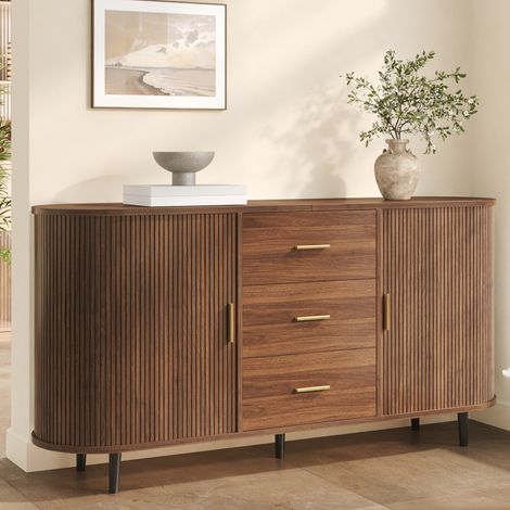 Buffet Noyer avec 3 Tiroirs et Portes Coulissantes, Meuble de Rangement Bas Grand Stockage, avec Pieds Métal pour Salle à Manger, Scandinave
