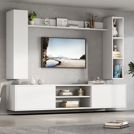 Meuble TV mural 180x35x33.5 cm blanc en panneau de particules avec rangement intégré (1/5)