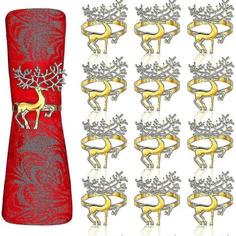 Lot de 12 ronds de serviette de Noël en forme de renne, ronds de serviette dorés en forme de renne, ronds de serviette de Noël (1/5)