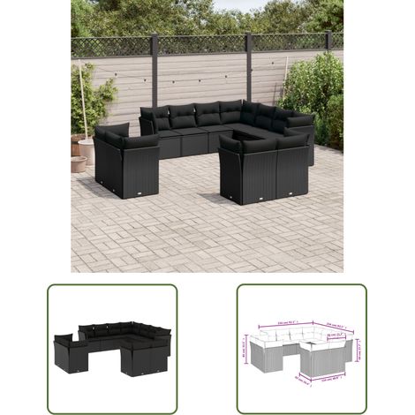 The Living Store 11-tlg. Garten-Sofagarnitur mit Kissen Schwarz Poly Rattan - Gartensofas - Outdoor Möbel - Lounge Set - Gartenlounge - Rattan Sofa (1/3)