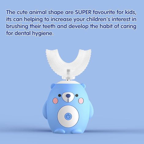 Brosse à dents électrique - Forme en U, 3 modes avec 3 têtes de brosse supplémentaires pour les enfants de 7 à 12 ans (Ours, Bleu)-AquaForge