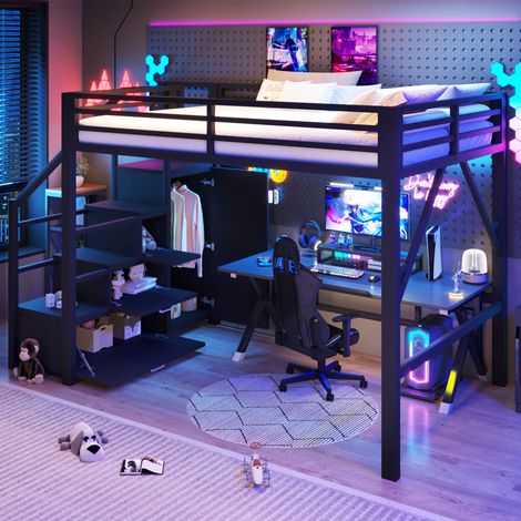 REDOM Cama alta 255x145x170 cm, con 3 armarios, ropero, luces LED, escalera de almacenaje, metal MDF negro (1/5)