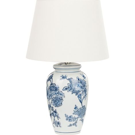 Lampada da tavolo classica con paralume in tessuto di lino base in porcellana bianco e blu Beluso