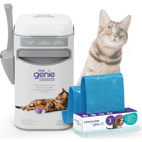 Poubelle à litière pour Chat. Anti odeurs. Acier Inoxydable Durable, Blanc. Usage et Entretien faciles. 1 Recharge 3 Mois / 12 Sacs Easy Roll et Pelle incluses. (1/5)