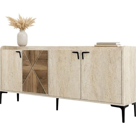 Credenza Roatto, Madia 2 Ripiani, 4 Vani, 4 Ante, 180x35x78h cm Beige Marmo
