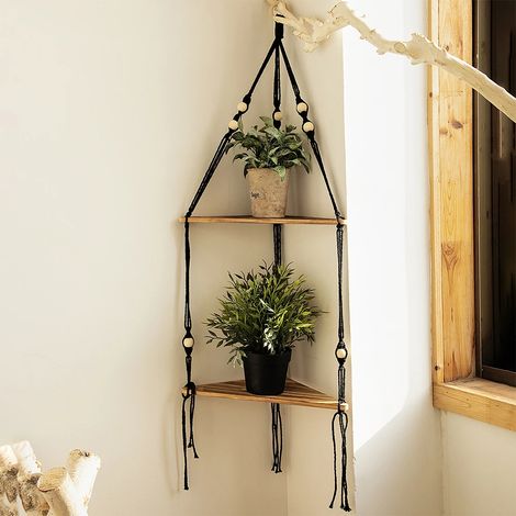 (Étagère murale M01200) Étagère murale flottante en bois, support d'angle triangulaire, style bohème, décoration murale pour salon ou chambre (1/5)