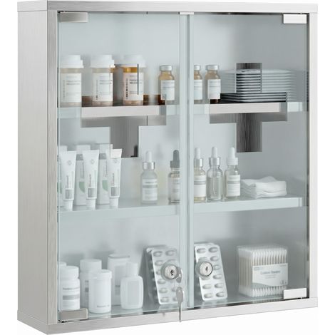 HOMCOM botiquín de pared, botiquín de medicinas de 3 niveles con 2 puertas de cristal, estantes, cerradura y 2 llaves, 46x12x48 cm, plateado (1/5)