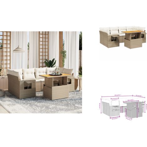 Salon de jardin avec coussins 7 pcs beige résine tressée - Ensemble Salon De Jardin - Meuble Extérieur - Résine Tressée - Rotin Synthétique - Table Extensible (1/3)