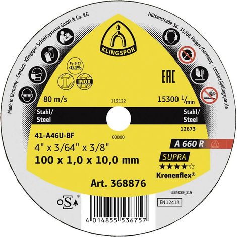 Klingspor A 660 R Supra 368876 Disco di taglio dritto 100 mm 25 pz. Acciaio, Acciaio inox