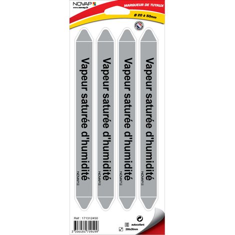 Planche de 4 marqueurs de tuyauterie 250 x 26 mm pour Ø 20 à 50 mm - Vapeur saturée d'humidité - 4709499