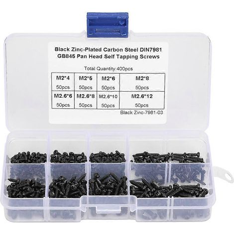 Assortiment de 400 vis à tôle noires à tête Phillips M2/M2.6