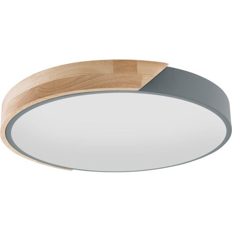 Plafonnier LED Rond Ø 31 cm en Métal et Bois Gris, Éclairage Blanc Chaud 3000K pour Salon et Bureau - PANGIVO (1/5)
