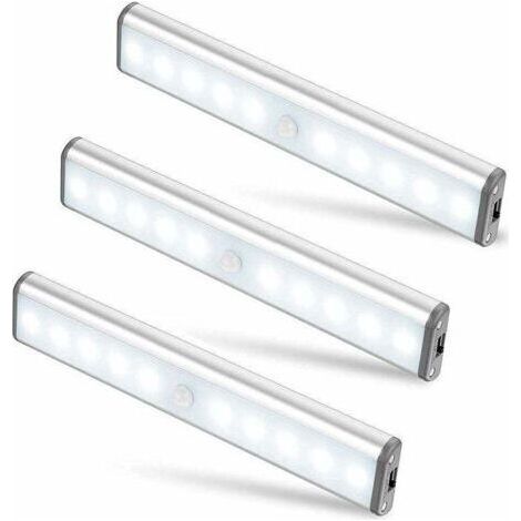 Lot de 3 Lampes 10 LED, Sans Fil, Rechargeable par USB, Aimanté, Détecteur de Mouvement, 2 Modes d’Éclairage, Portable. Lumière de Placard, Baladeuse de Secours, Veilleuse Enfant, Appoint … [Cl