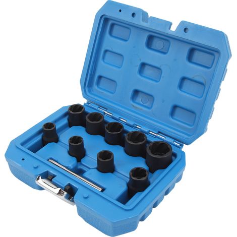 Jeu de 10 douilles à chocs torsadées, tige droite 8mm, entraînement 3/8in, extraction de boulons 10-19mm, outil démonteur. (1/5)