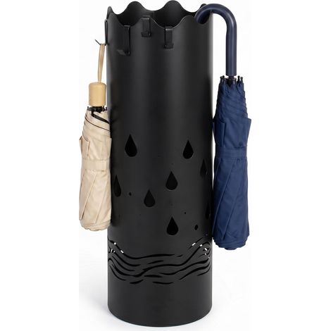Todeco Porte-Parapluies Métal avec 4 Crochets, Bac Récupérateur Amovible, Base Antidérapante, Design Gouttes de Pluie, Bord Ondulé, pour Entrée, Maison, Bureau ou Hôtel, Noir (1/5)